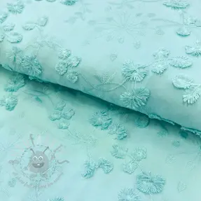 Bombažna tkanina EMBROIDERY Catchy leaves aqua