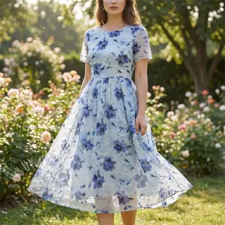 Bombažna tkanina z mešanico EMBROIDERY Rose blue