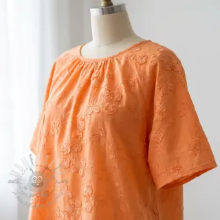 Bombažna tkanina EMBROIDERY Catchy leaves orange