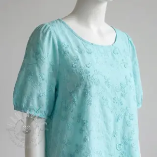 Bombažna tkanina EMBROIDERY Catchy leaves aqua