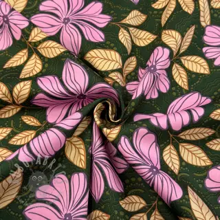 Bombažna tkanina SATIN Autumn flowers dark green