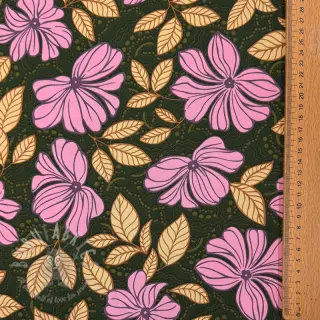Bombažna tkanina SATIN Autumn flowers dark green