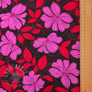 Bombažna tkanina SATIN Autumn flowers dark red