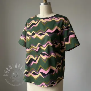 Bombažna tkanina SATIN Abstract waves dark green