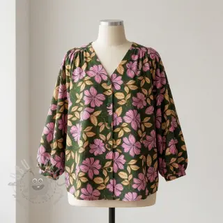 Bombažna tkanina SATIN Autumn flowers dark green