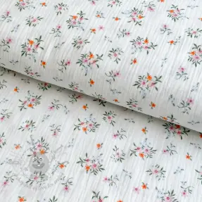 Dvoslojna gaza/muslin Flowers white ORGANIC