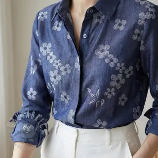 Bombažna tkanina JEANS Chambre LUXURY JACQUARD Flowers dark blue