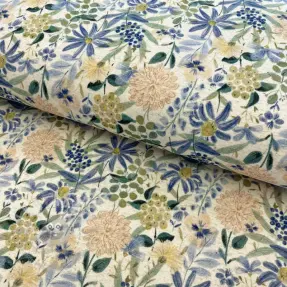 Pletene blago s lanom Flowers ecru blue digital print