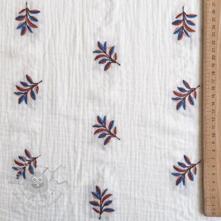 Dvoslojna gaza/muslin EMBROIDERY Leaves white