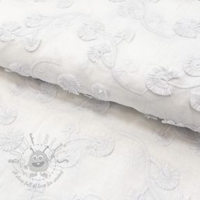 Bombažna tkanina VOILE EMBROIDERY Flowers with stem white