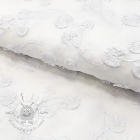 Bombažna tkanina VOILE EMBROIDERY Flowers with stem white