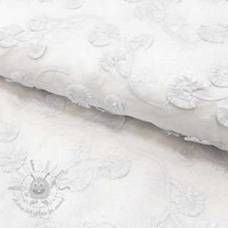 Bombažna tkanina VOILE EMBROIDERY Flowers with stem white