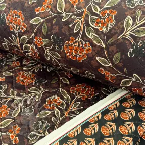 Elastičen žamet VELVET QUILT Flowers leaves dark brown