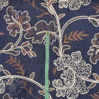 Bombažna tkanina JEANS Embroidery leaves dark blue