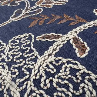 Bombažna tkanina JEANS Embroidery leaves dark blue