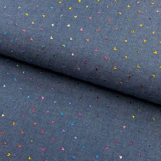 Bombažna tkanina JEANS FOIL Hearts multicolour