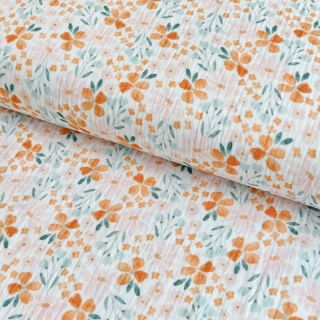 Dvojna gaza/muslin Orange flowers white digital print