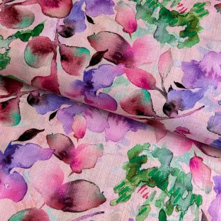 Ľan s bavlnou Aquarel leaves  pink digital print