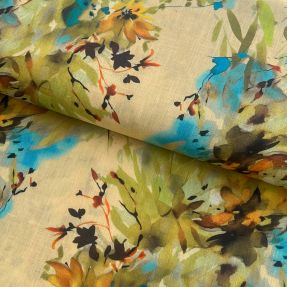 Lan z bombažem Faded flowers RAMIE green digital print