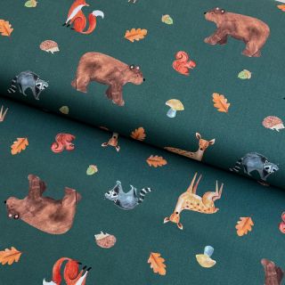Bombažna tkanina Animals in the wood dark green digital print