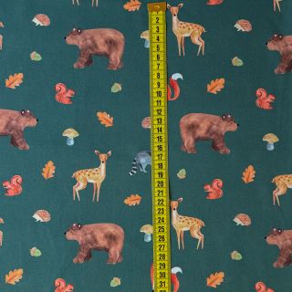 Bombažna tkanina Animals in the wood dark green digital print