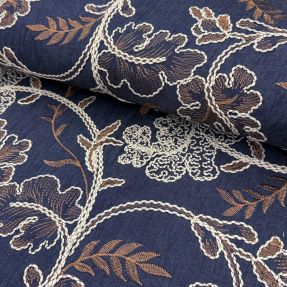 Bombažna tkanina JEANS Embroidery leaves dark blue