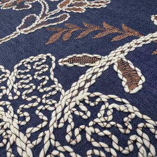 Bombažna tkanina JEANS Embroidery leaves dark blue