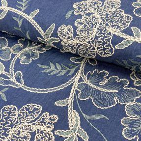 Bombažna tkanina JEANS Embroidery leaves light blue