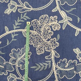 Bavlnená látka JEANS Embroidery leaves light blue
