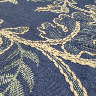 Bombažna tkanina JEANS Embroidery leaves light blue