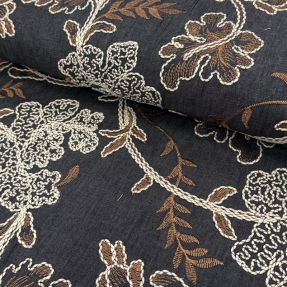 Bavlnená látka JEANS Embroidery leaves black