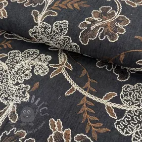 Bombažna tkanina JEANS Embroidery leaves black