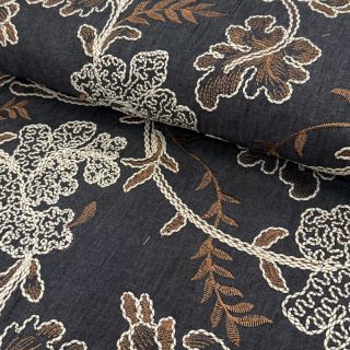 Bombažna tkanina JEANS Embroidery leaves black