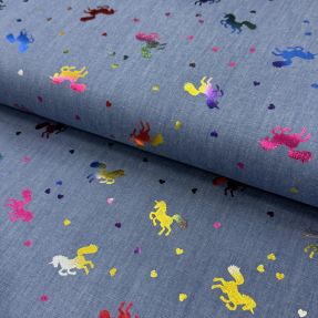 Bombažna tkanina JEANS FOIL Unicorn light blue