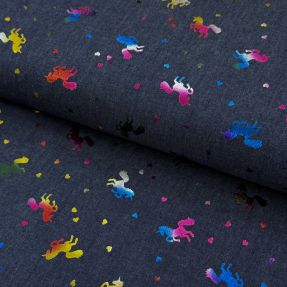 Bombažna tkanina JEANS FOIL Unicorn dark blue