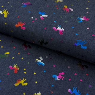 Bombažna tkanina JEANS FOIL Unicorn dark blue
