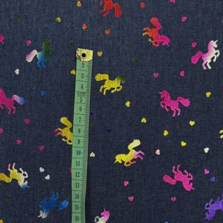 Bombažna tkanina JEANS FOIL Unicorn dark blue
