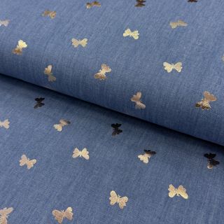 Bombažna tkanina JEANS FOIL Butterfly light blue