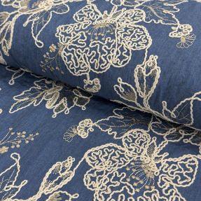 Bombažna tkanina JEANS EMBROIDERY Bouquet blue