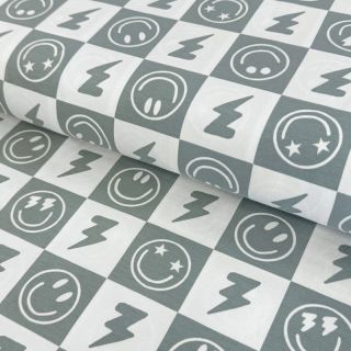 Pletenina Happy faces square sage digital print