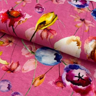 Pleteni VISCOSE LYCRA HEAVY Mixed flowers pink digital print