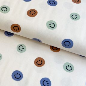 Bombažna tkanina FLANNEL Happy faces off white green