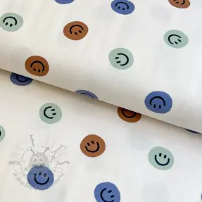 Bombažna tkanina FLANNEL Happy faces off white green