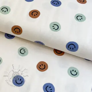 Bombažna tkanina FLANNEL Happy faces off white green