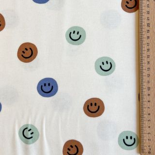 Bombažna tkanina FLANNEL Happy faces off white green