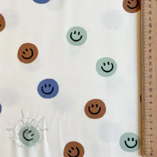 Bombažna tkanina FLANNEL Happy faces off white green