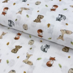 Dvoslojna gaza/muslin Forest animals white digital print