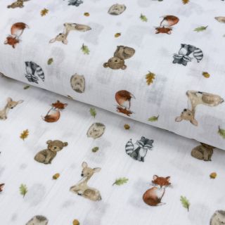 Dvoslojna gaza/muslin Forest animals white digital print