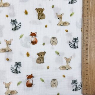 Dvoslojna gaza/muslin Forest animals white digital print