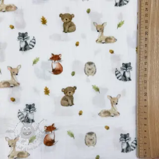 Dvoslojna gaza/muslin Forest animals white digital print